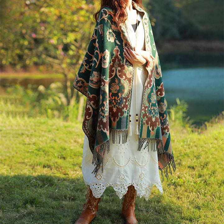 BWOOOH Tibetan Flowers Leaves Branch Design Tassel Shawl 