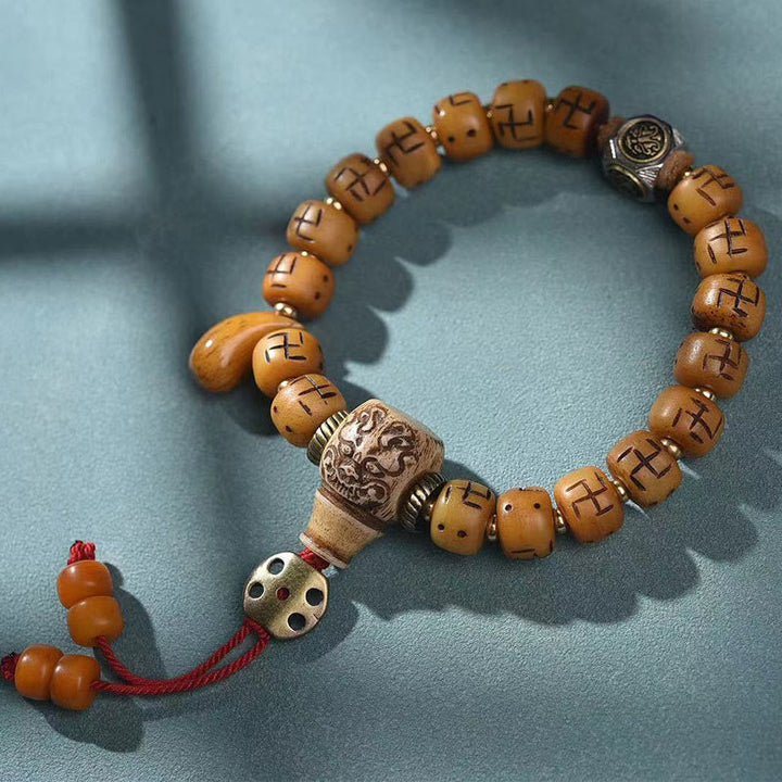 BWOOOH Natural Tibetan Camel Bone Swastika Dzi Bead Shankha Buddha Charm Kirtimukha Luck Protection Tassel Bracelet