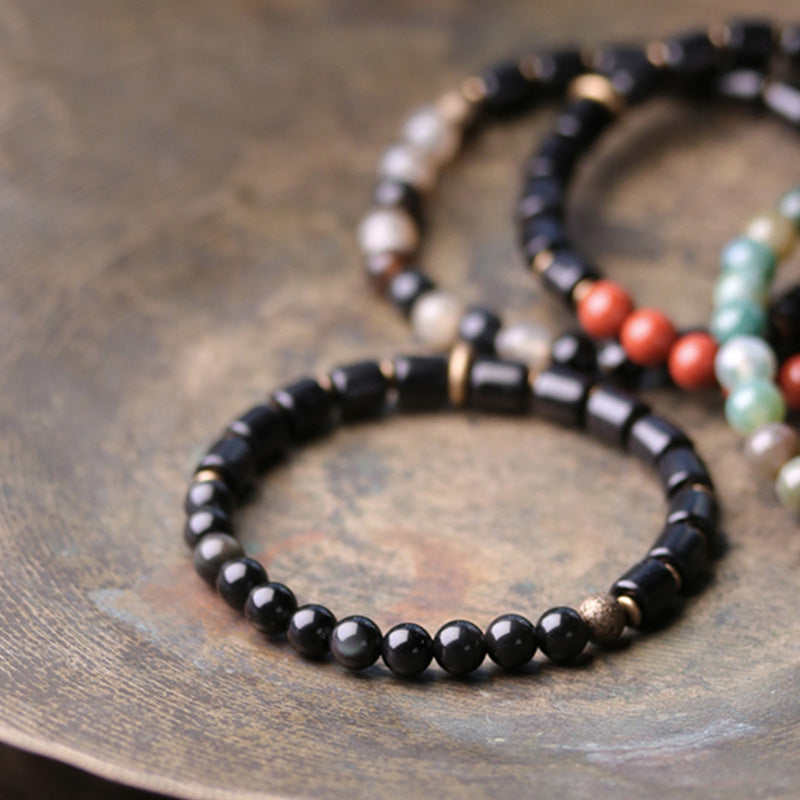 BWOOOH Ebony Wood Red Jasper Moss Agate Crystal Copper Peace Couple Bracelet