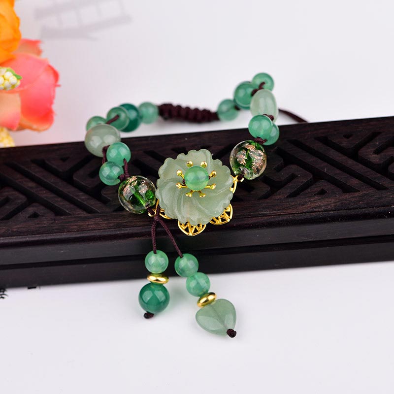 BWOOOH Natural Green Jade Luck Dangling Flower Bracelet