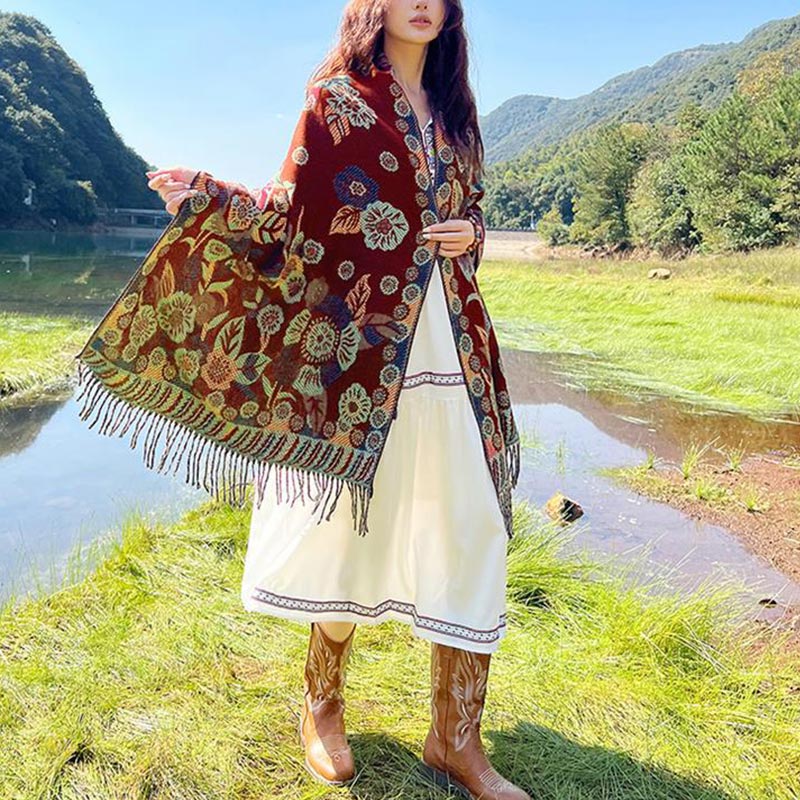 BWOOOH Tibetan Flower Floral Leaves Pattern Design Shawl 