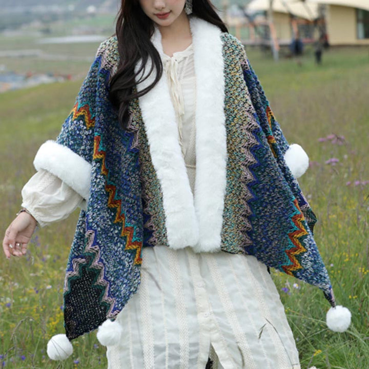 BWOOOH Tibetan Multicolored Wavy Lines Knitted Striped Sh