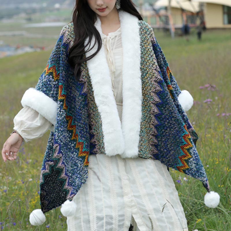 BWOOOH Tibetan Multicolored Wavy Lines Knitted Striped Sh