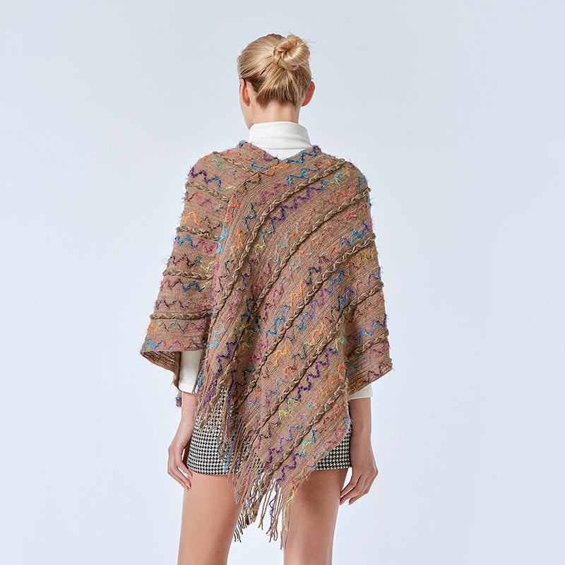 BWOOOH Tibetan Colorful Striped Shawl Tassels Pullover Wi