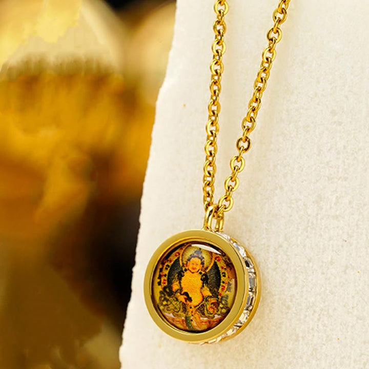 BWOOOH Tibetan Yellow God Of Wealth Green Tara Buddha Serenity Titanium Steel Necklace Pendant