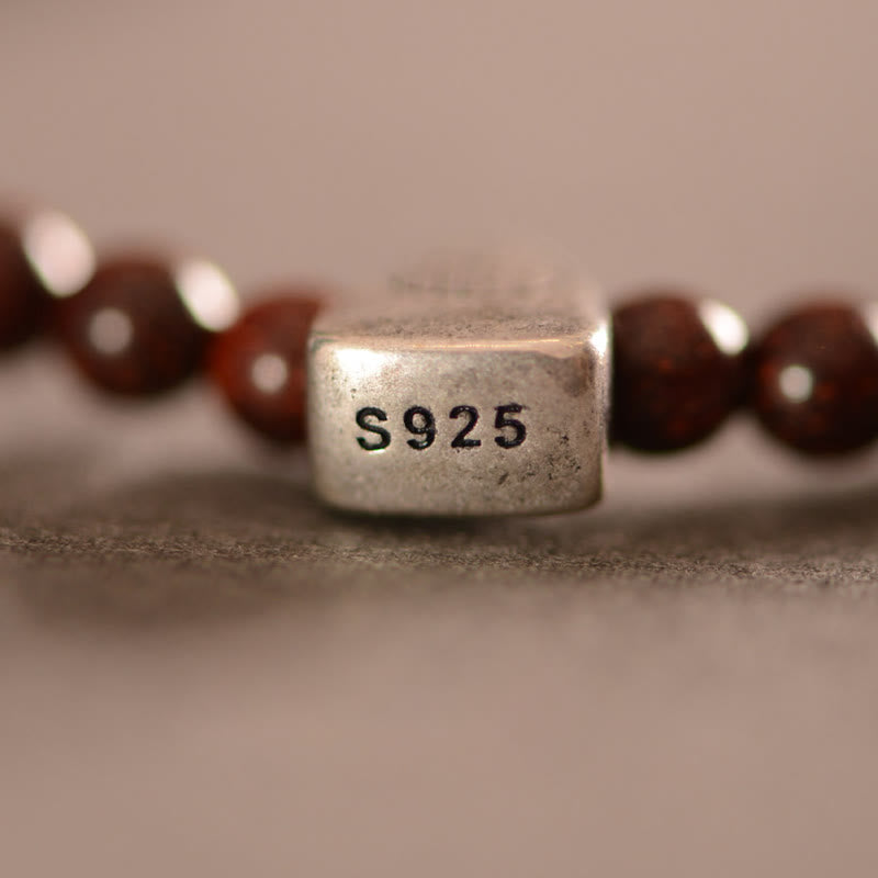 BWOOOH 925 Sterling Silver Indian Small Leaf Red Sandalwood Fu Character Protection Triple Wrap Bracelet