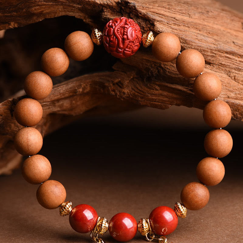 BWOOOH Tibetan Natural Peach Wood Cinnabar PiXiu Wealth Tassels Bracelet