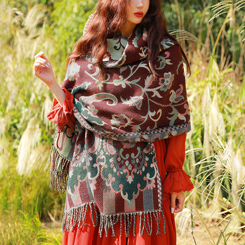 BWOOOH Tibetan Flowers Leaves Branch Design Tassel Shawl 