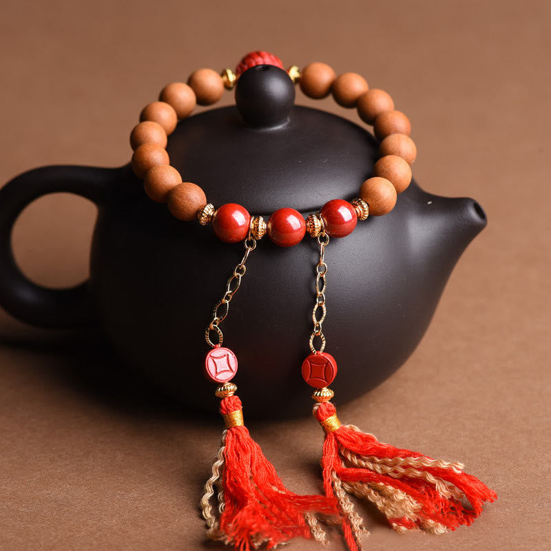 BWOOOH Tibetan Natural Peach Wood Cinnabar PiXiu Wealth Tassels Bracelet