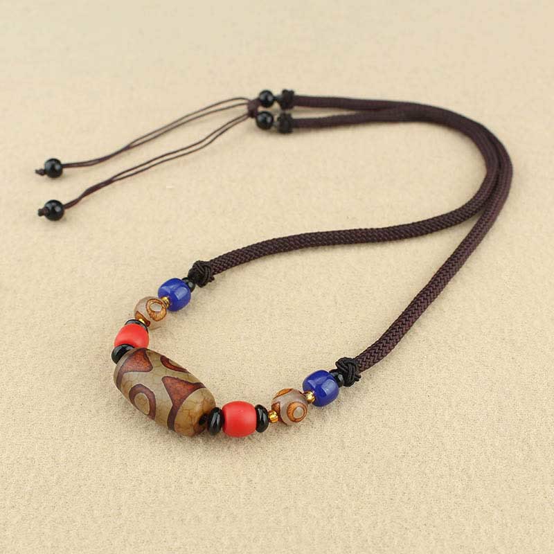 BWOOOH Tibetan Nine-Eye Dzi Bead Three-eyed Dzi Bead Protection String Necklaces Pendant