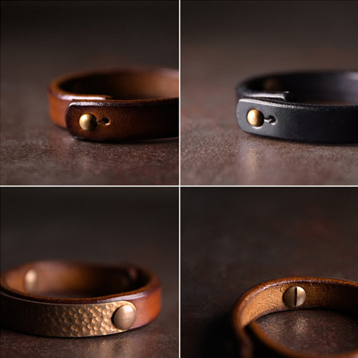 BWOOOH Vintage Handmade Texture Copper Brass Leather Wealth Bracelet Bangle