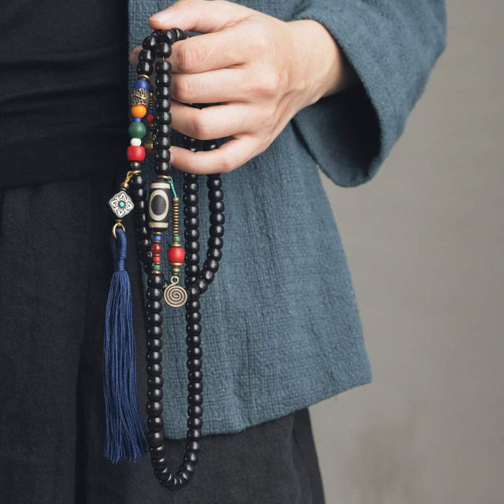 BWOOOH 108 Beads Mala Ebony Wood Dzi Bead Copper Balance Tassel Bracelet