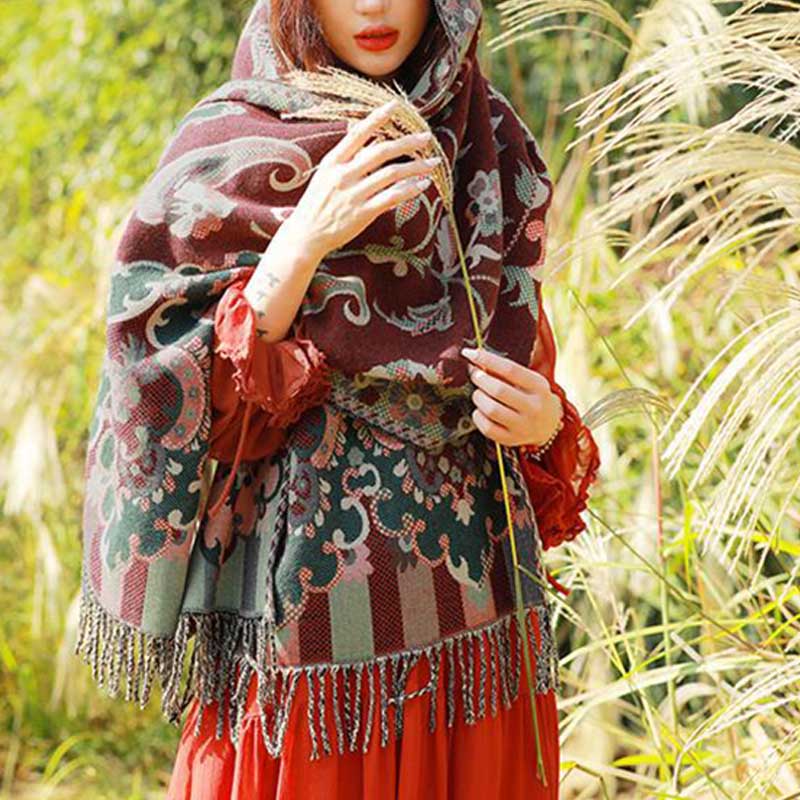 BWOOOH Tibetan Flowers Leaves Branch Design Tassel Shawl 
