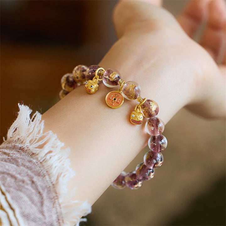 BWOOOH Gold Swallowing Beast Copper Coin Good Luck Charm Liuli Glass Bead Fortune Bracelet