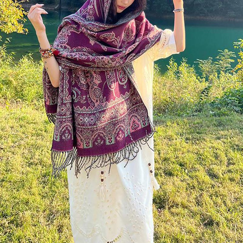 BWOOOH Vintage Tibetan Leaves Pattern Design Shawl Cozy T