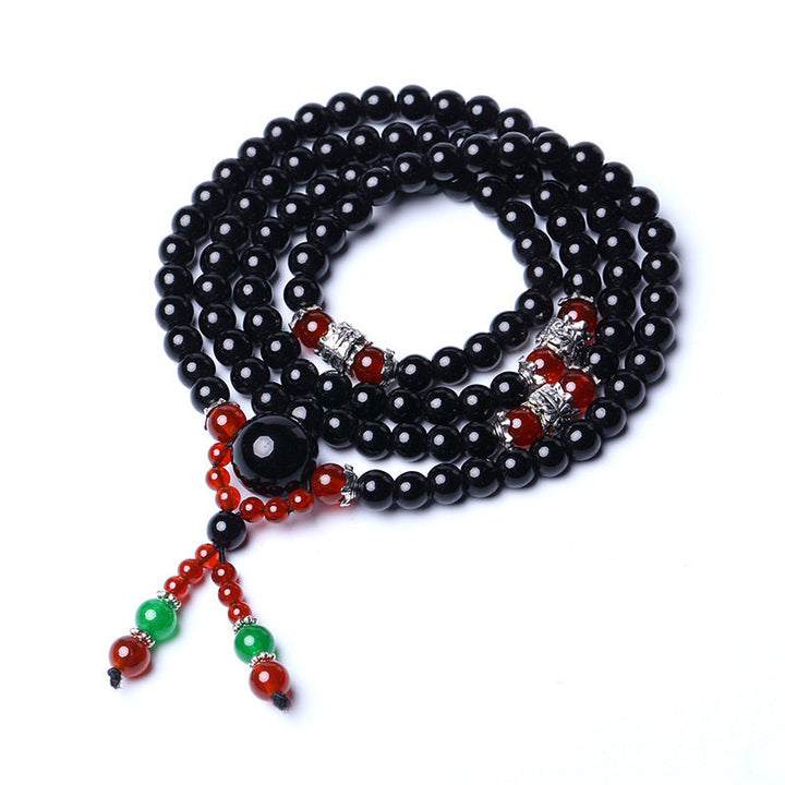 BWOOOH 108 Beads Natural Black Obsidian Tiger Eye Red Agate Mala Bracelet