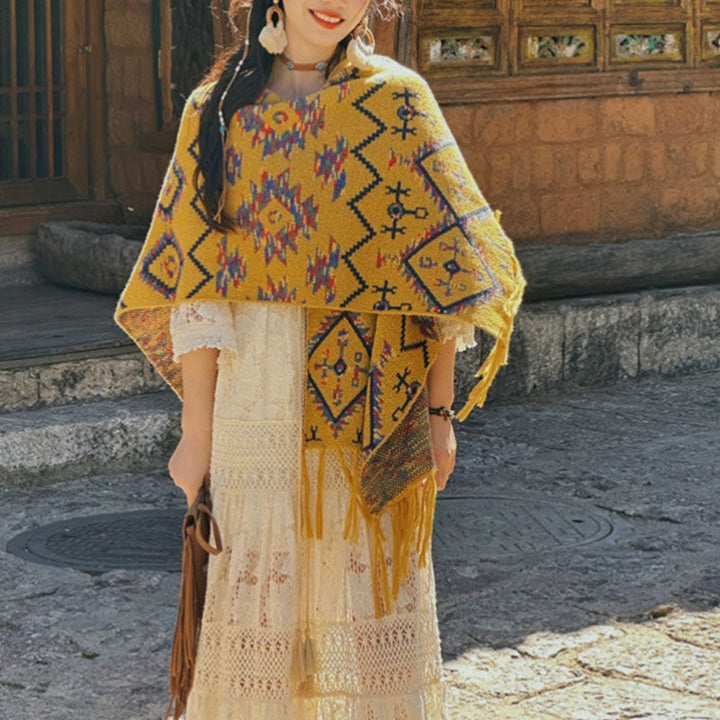 BWOOOH Tibetan Shawl Striped Geometry Pattern Winter Cozy