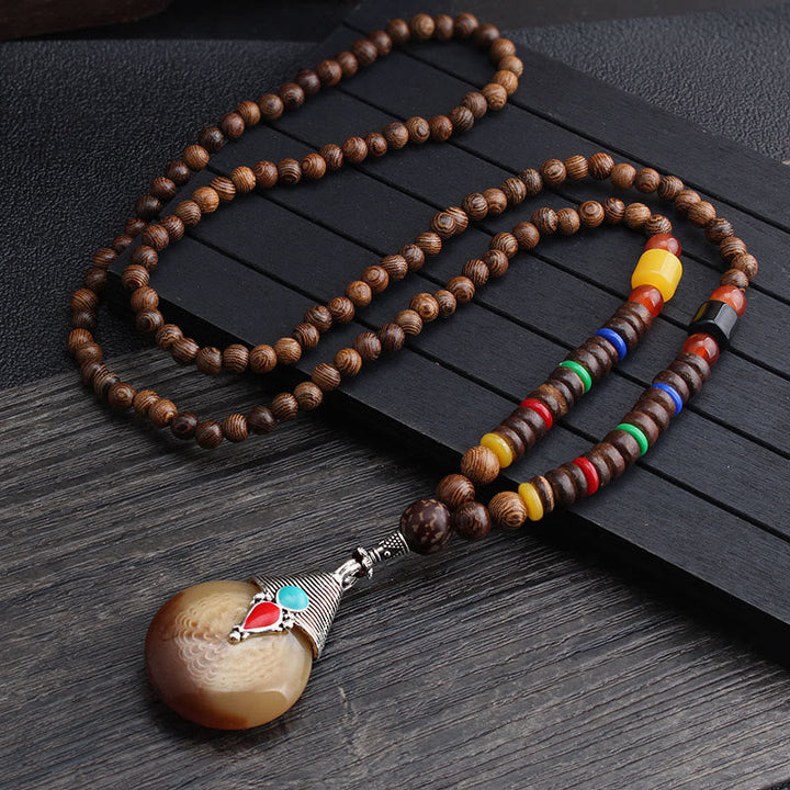 BWOOOH Tibetan Wenge Wood Bodhi Seed Agate Balance Peace Necklace Pendant