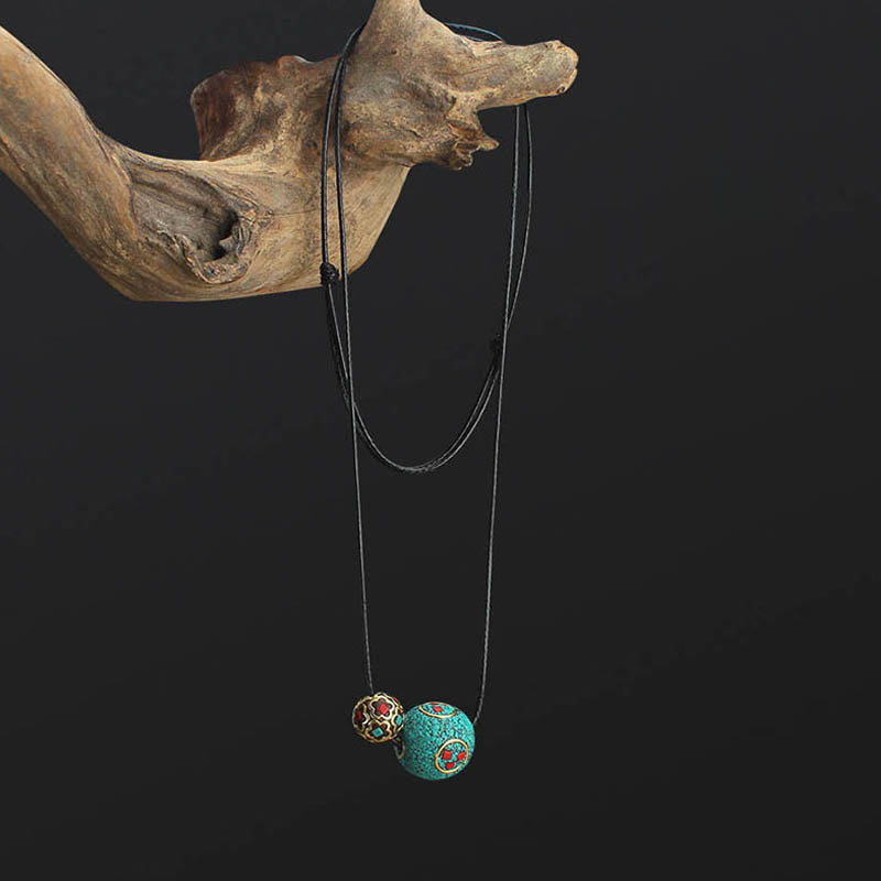 BWOOOH Tibetan Turquoise Double Bead Protection Strength Necklace Pendant