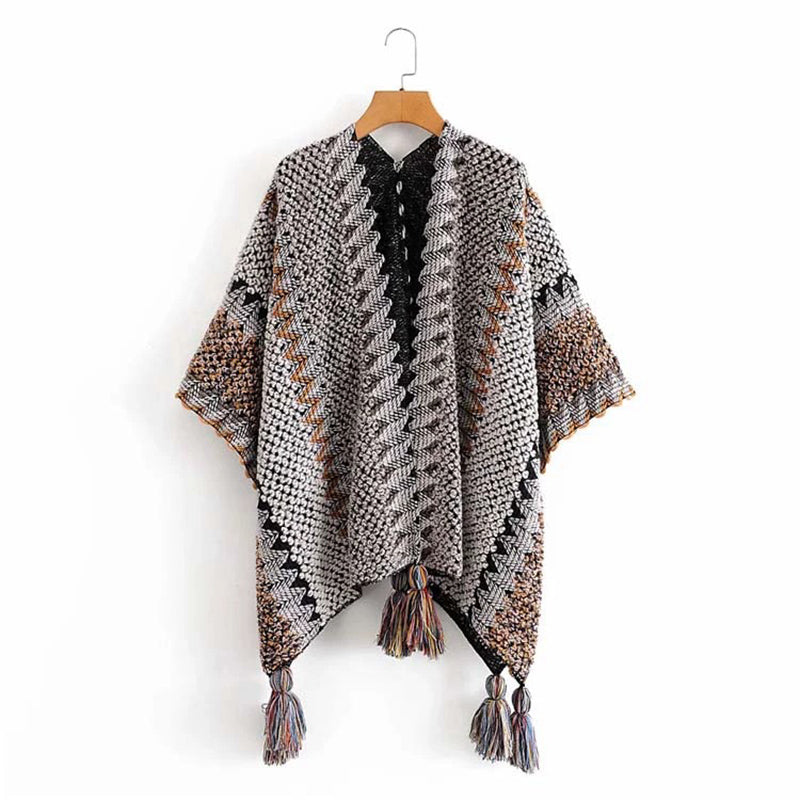 BWOOOH Tibetan Shawl Gray Brown Striped Knitted Tassels W