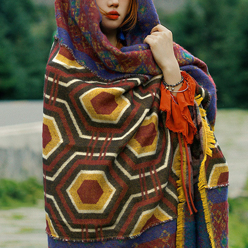 BWOOOH Tibetan Shawl Brown Blue Red Geometric Shapes Patt