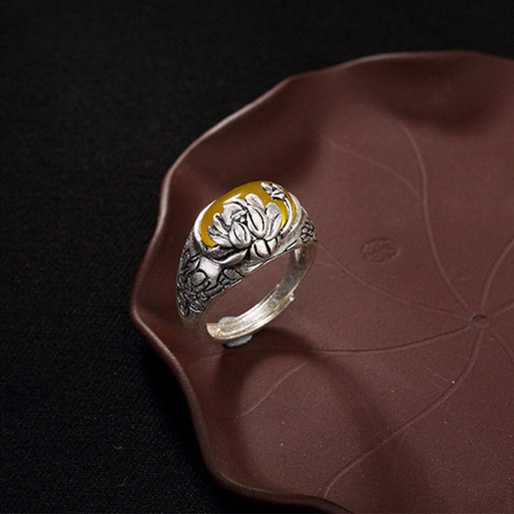 BWOOOH Citrine Lotus Blessing Protection Adjustable Ring