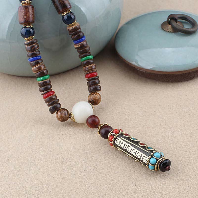 BWOOOH Tibetan Om Mani Padme Hum Dzi Bead Wenge Wood Necklace Pendant