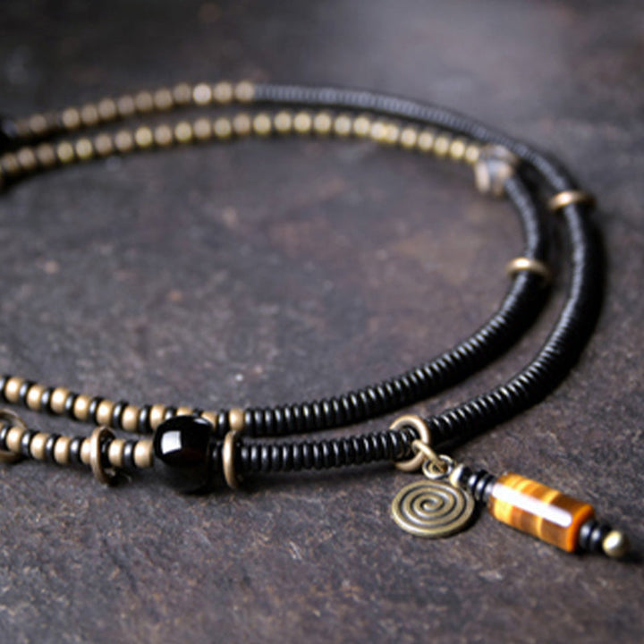 BWOOOH Ebony Wood Dzi Bead Copper Peace Couple Bracelet Necklace Pendant
