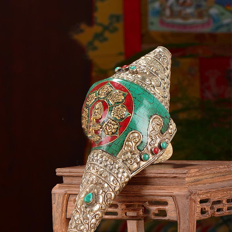 Buddha Stones Tibetan Handmade Engraved Shankha Double Dorje Buddha Conch Shell Wealth Positive Decoration