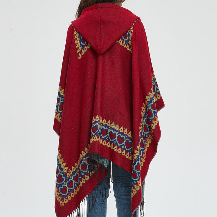 BWOOOH Tibetan Shawl Red Love Heart Tassel Hooded Cloak W