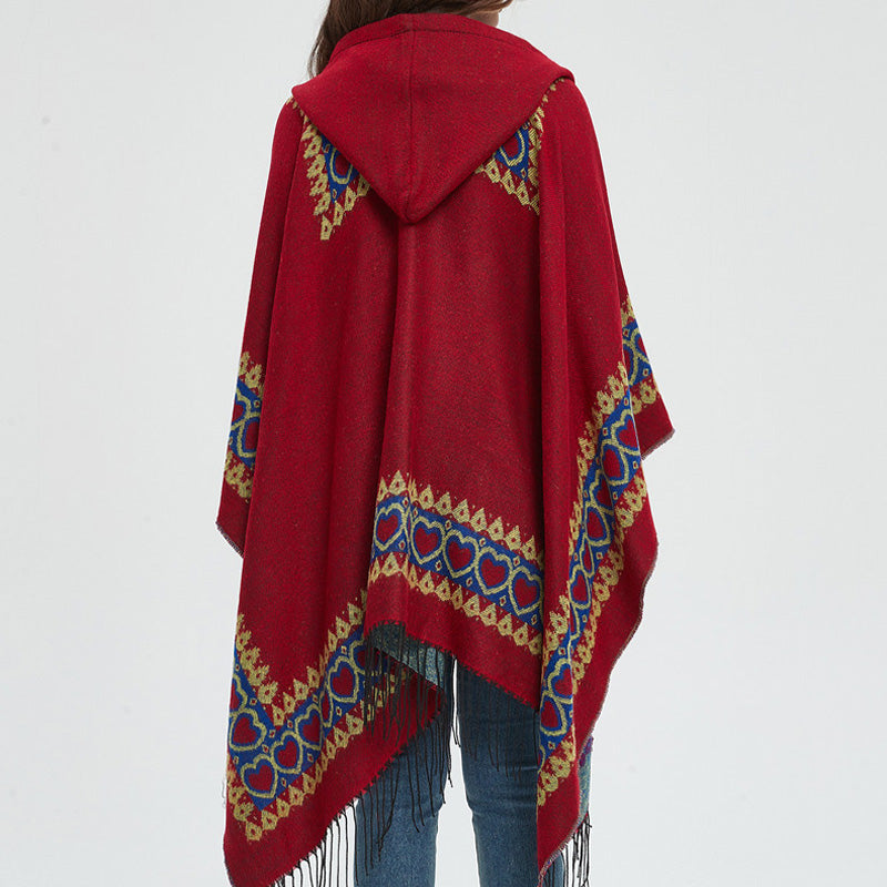 BWOOOH Tibetan Shawl Red Love Heart Tassel Hooded Cloak W
