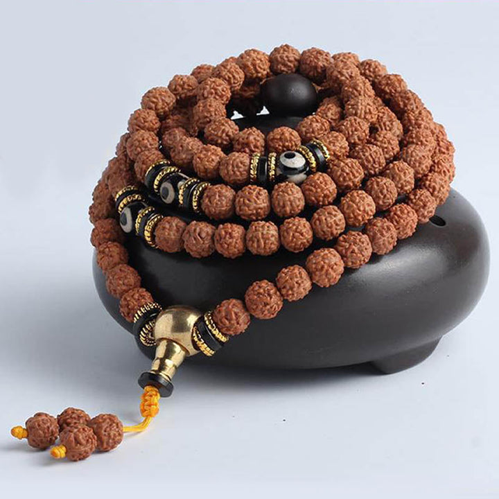 BWOOOH 108 Mala Beads Rudraksha Bodhi Seed Dzi Bead Luck Wealth Bracelet