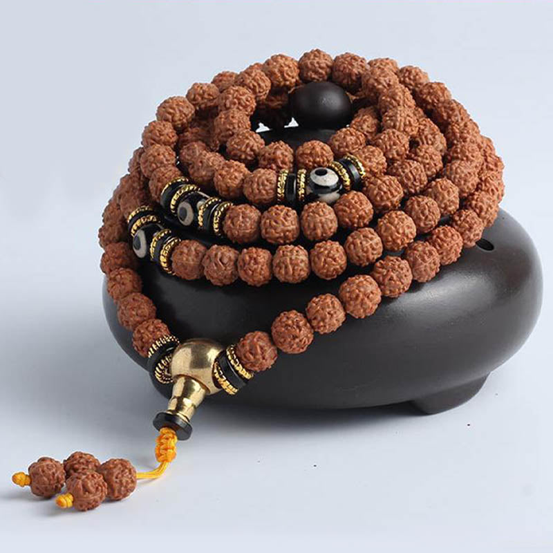 BWOOOH 108 Mala Beads Rudraksha Bodhi Seed Dzi Bead Luck Wealth Bracelet