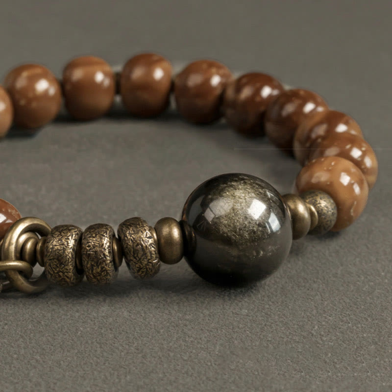 BWOOOH Kuka Seed Tiger Eye Gold Sheen Obsidian Brass Copper Wealth Luck Bracelet