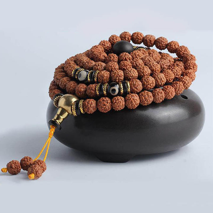 BWOOOH 108 Mala Beads Rudraksha Bodhi Seed Dzi Bead Luck Wealth Bracelet