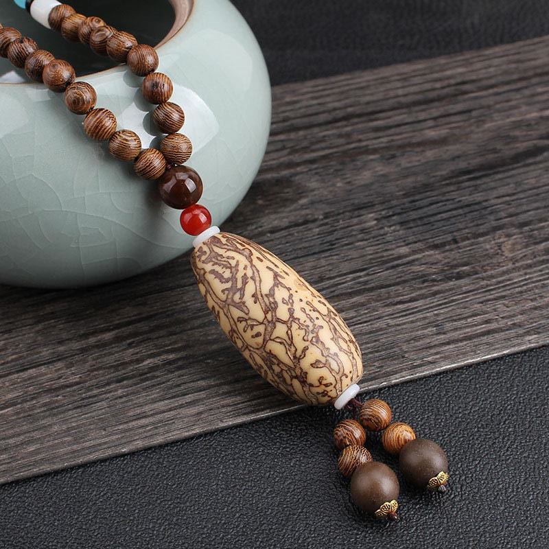 BWOOOH Tibetan Wenge Wood Bodhi Seed Agate Balance Peace Necklace Pendant
