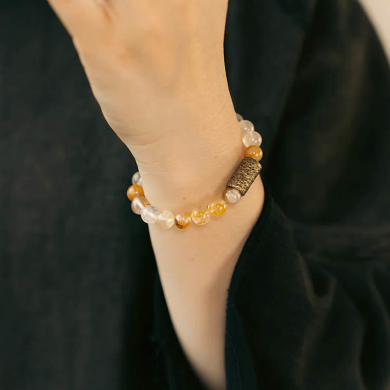 BWOOOH White Crystal Red Hematoid Quartz Gold Rutilated Quartz Purple Phantom Protection Bracelet