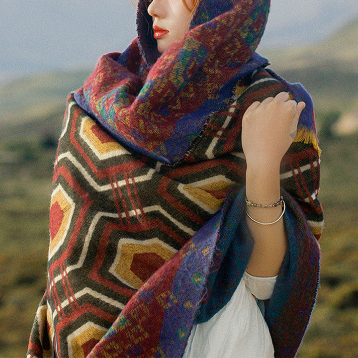 BWOOOH Tibetan Shawl Brown Blue Red Geometric Shapes Patt