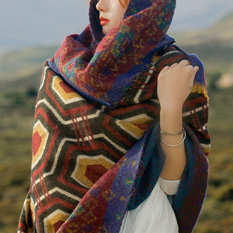 BWOOOH Tibetan Shawl Brown Blue Red Geometric Shapes Patt
