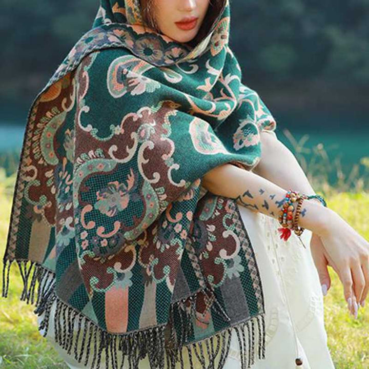 BWOOOH Tibetan Flowers Leaves Branch Design Tassel Shawl 