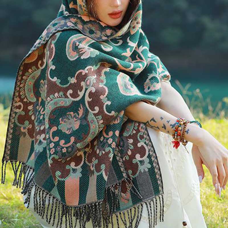 BWOOOH Tibetan Flowers Leaves Branch Design Tassel Shawl 