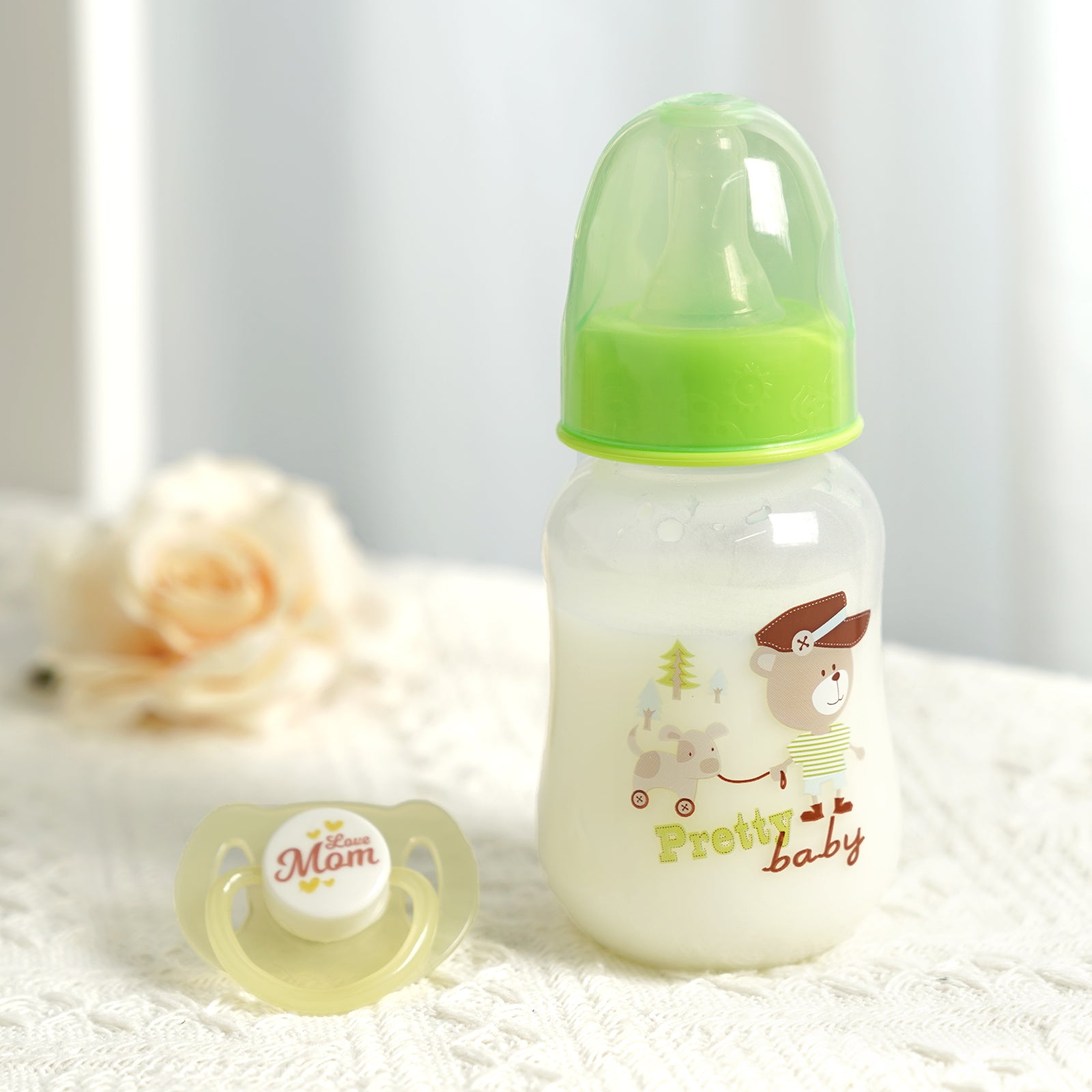 "Love Mom" Pacifier and Floral Bottle 2 Pieces Set Safe Reborn Baby Doll Accessories