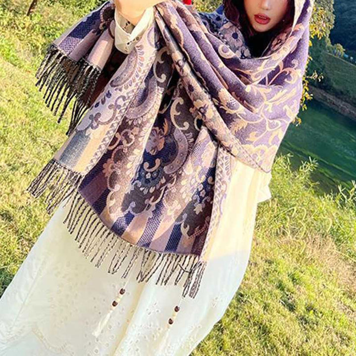 BWOOOH Tibetan Flowers Leaves Branch Design Tassel Shawl 