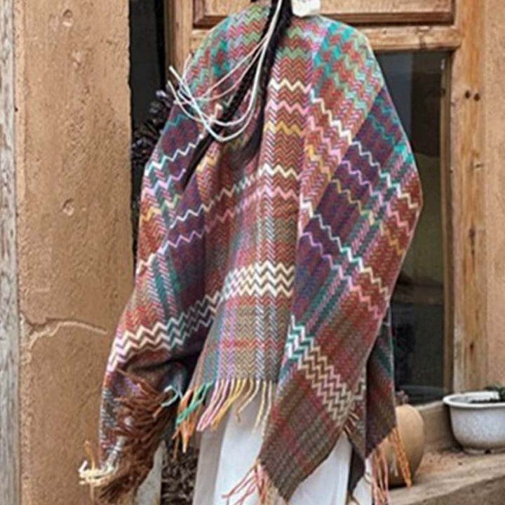 BWOOOH Tibetan Shawl Colorful Wavy Striped Shapes Tassels