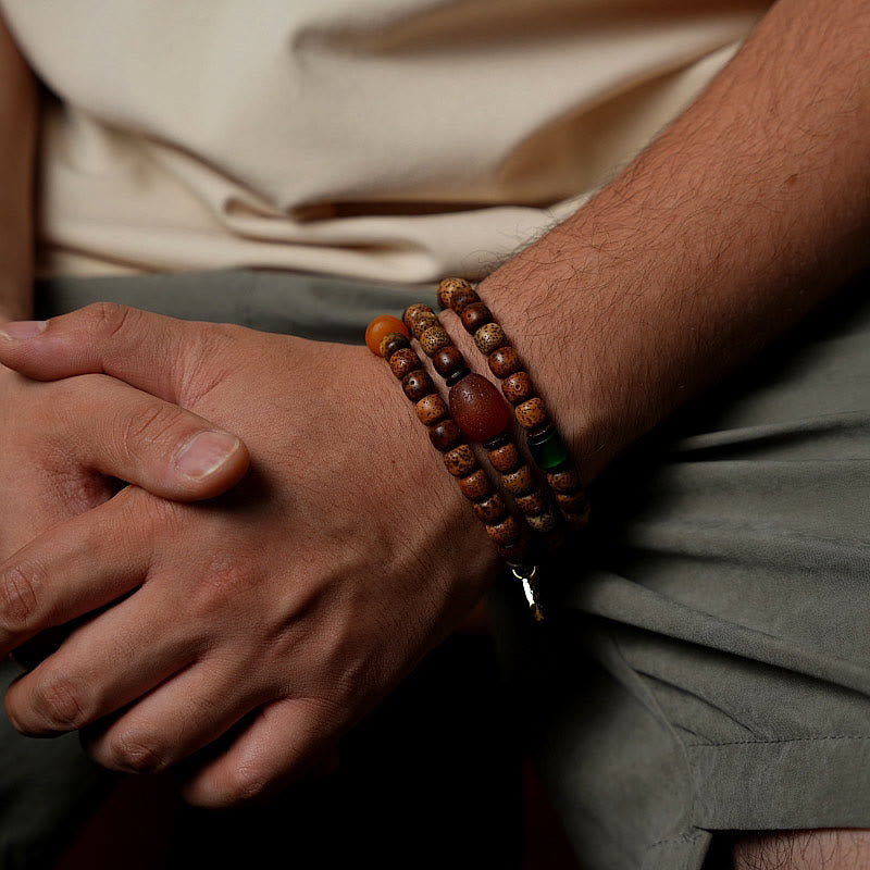 BWOOOH Tibetan Bodhi Seed Amber Dzi Bead Agate Zakiram Goddess of Wealth Beads Triple Wrap Bracelet