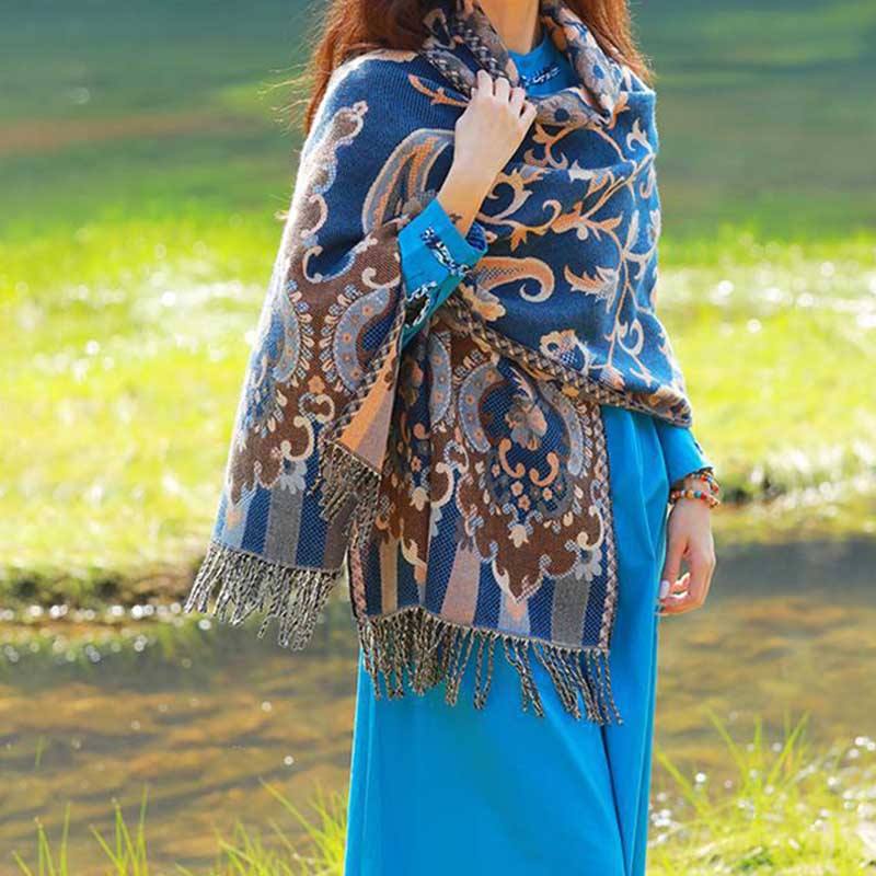 BWOOOH Tibetan Flowers Leaves Branch Design Tassel Shawl 