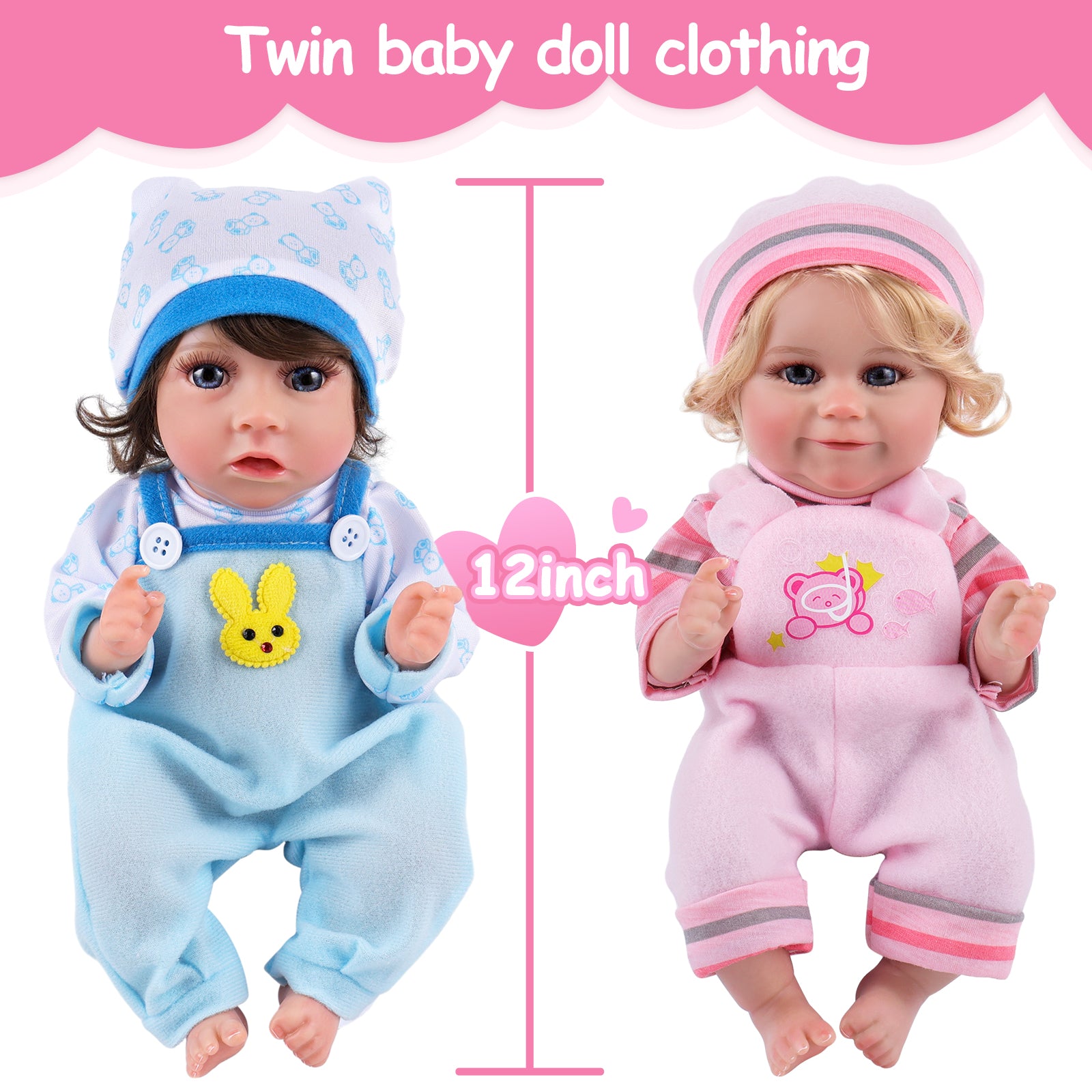 12 Inches Pink+Blue Clothing & Reborn Accessories 8 Pcs Set, Suitable for Twin Baby Dolls
