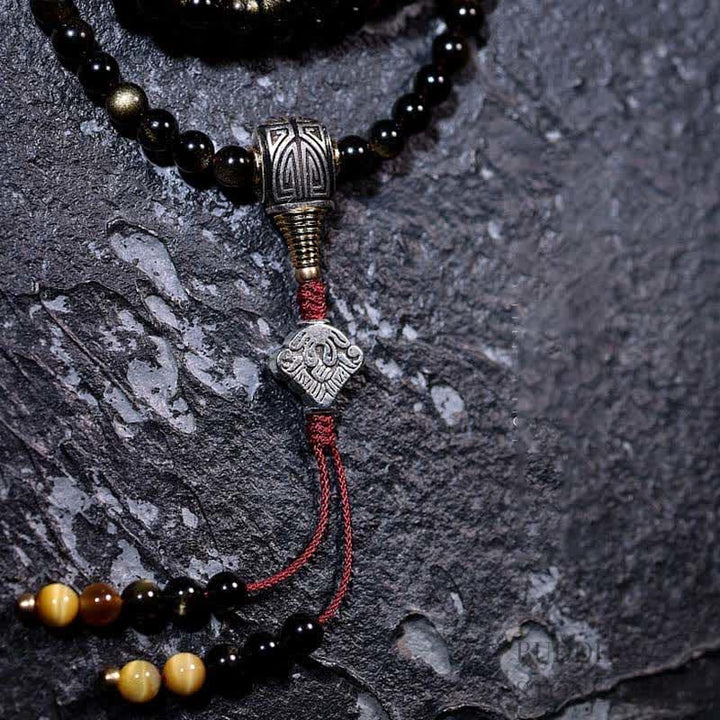BWOOOH 108 Mala Beads Gold Sheen Obsidian Tiger Eye Eagle&