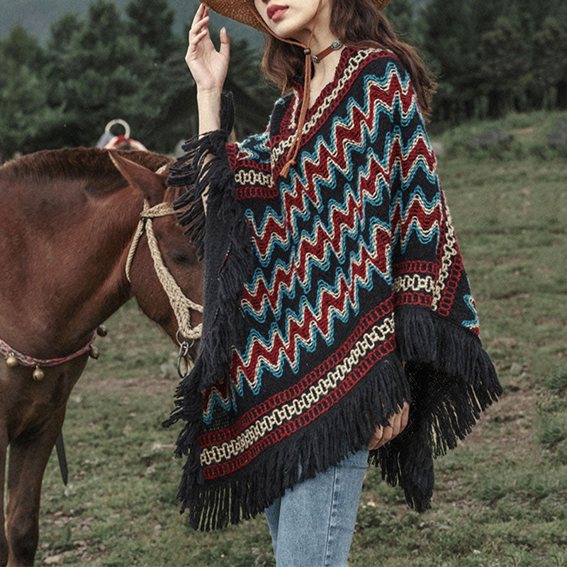 BWOOOH Tibetan Shawl Striped Knitted Tassels Pullover Win