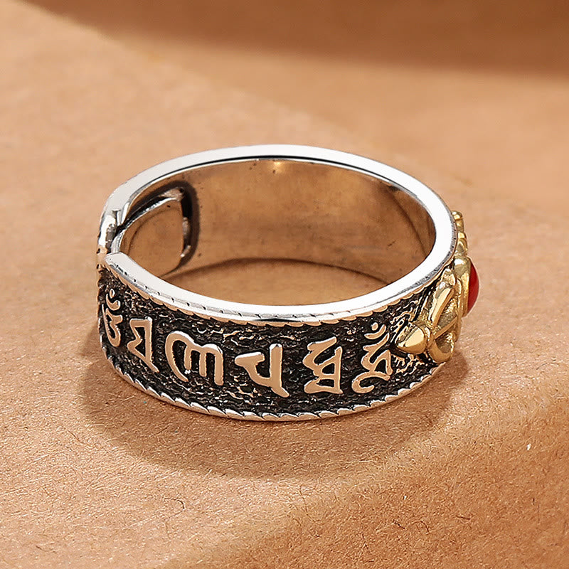 BWOOOH Tibetan Om Mani Padme Hum Red Agate Dorje Vajra Design Wisdom Ring